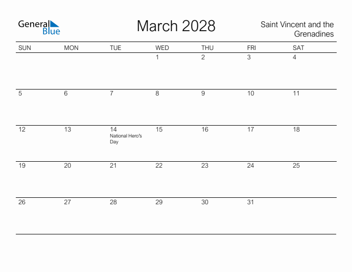 Printable March 2028 Calendar for Saint Vincent and the Grenadines