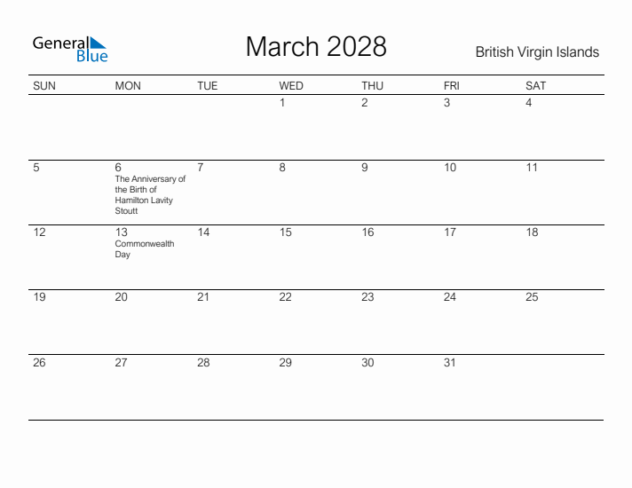 Printable March 2028 Calendar for British Virgin Islands