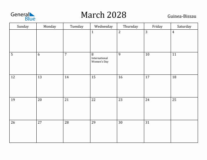 March 2028 Calendar Guinea-Bissau