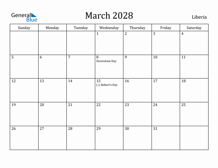 March 2028 Calendar Liberia