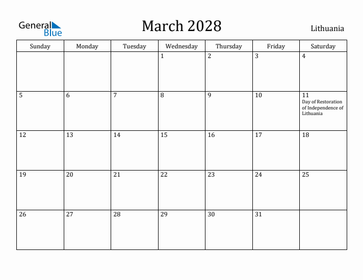 March 2028 Calendar Lithuania