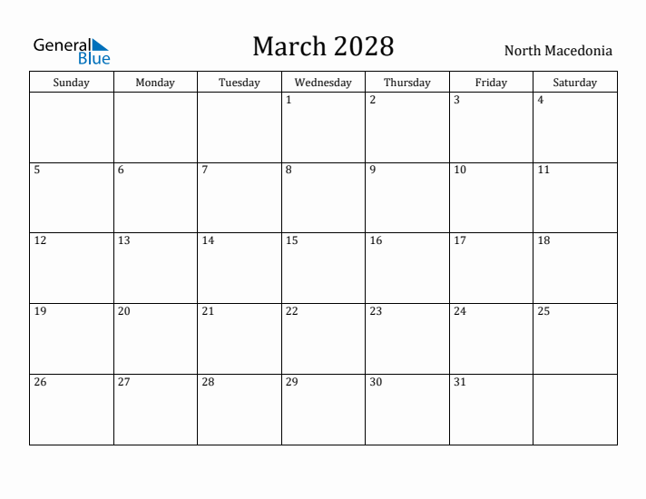 March 2028 Calendar North Macedonia
