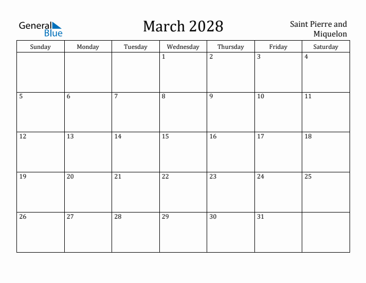 March 2028 Calendar Saint Pierre and Miquelon