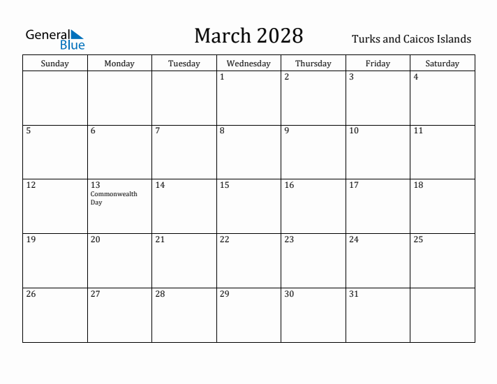 March 2028 Calendar Turks and Caicos Islands
