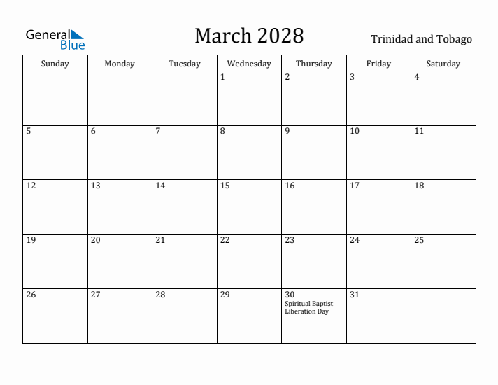 March 2028 Calendar Trinidad and Tobago