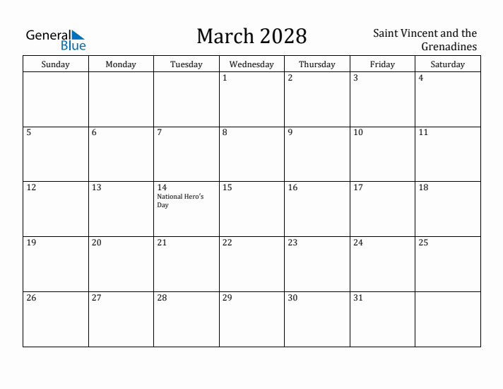March 2028 Calendar Saint Vincent and the Grenadines