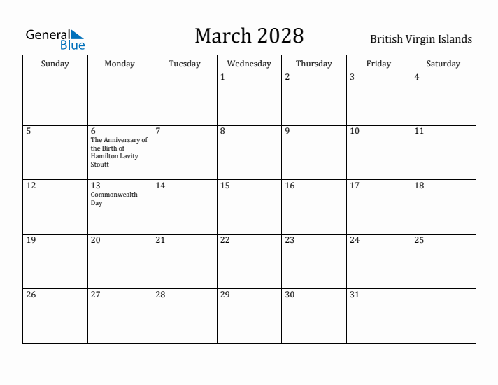 March 2028 Calendar British Virgin Islands