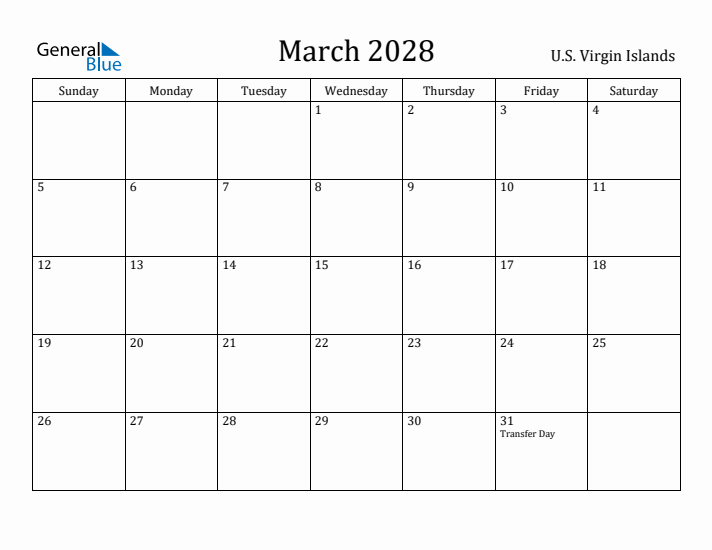 March 2028 Calendar U.S. Virgin Islands