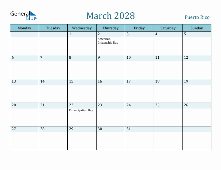 March 2028 Calendar with Holidays