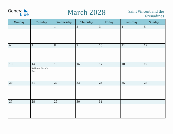 March 2028 Calendar with Holidays