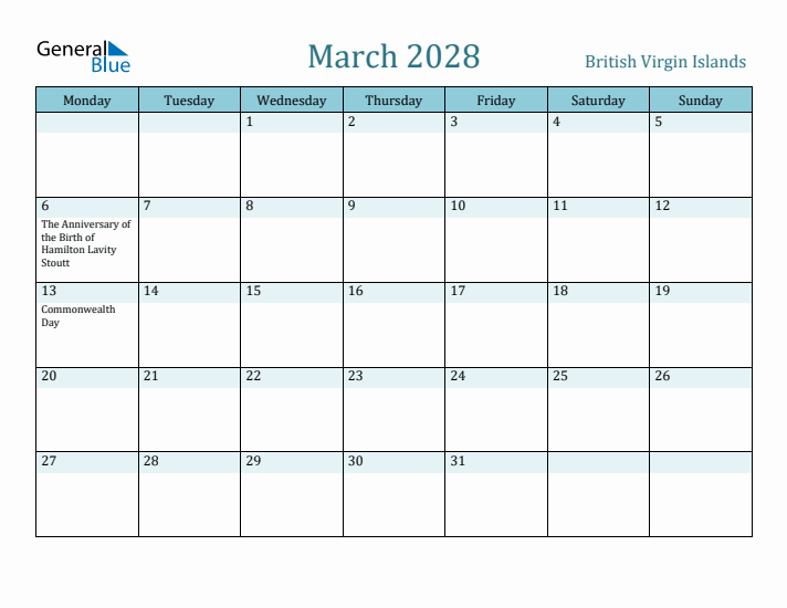 March 2028 Calendar with Holidays