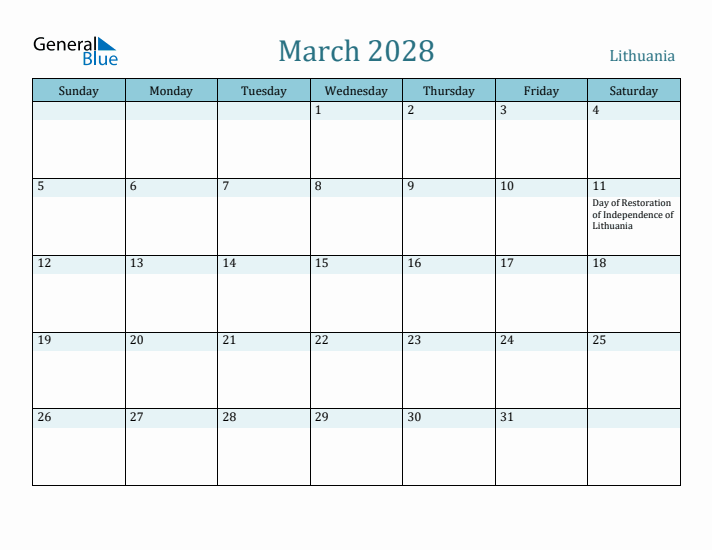 March 2028 Calendar with Holidays