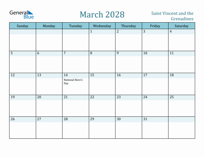 March 2028 Calendar with Holidays
