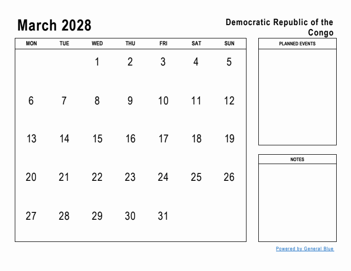 March 2028 Printable Monthly Calendar with Democratic Republic of the Congo Holidays