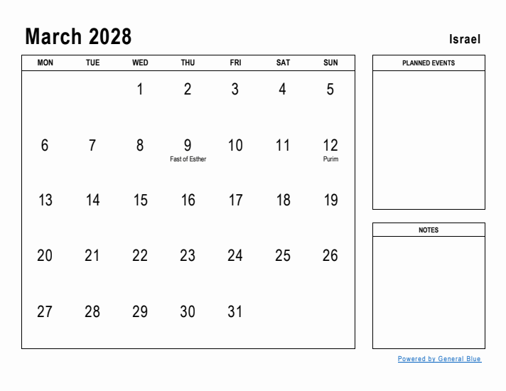 March 2028 Printable Monthly Calendar with Israel Holidays