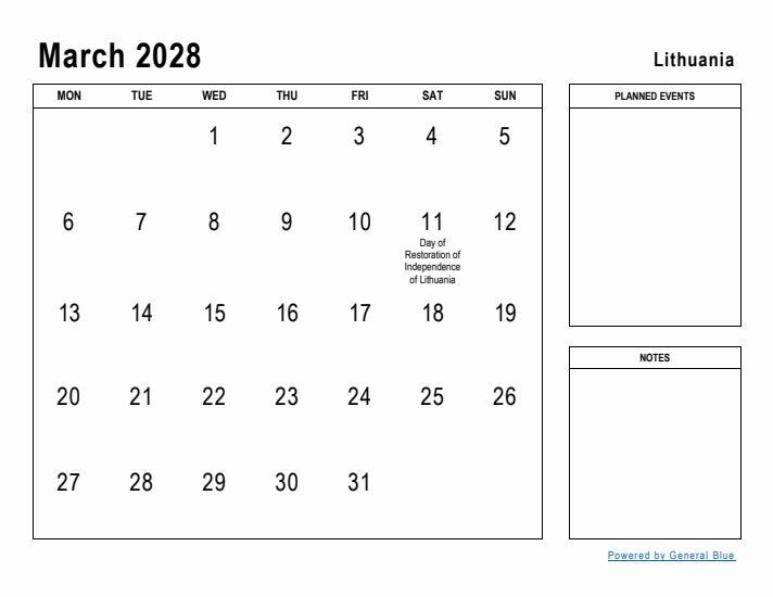 March 2028 Printable Monthly Calendar with Lithuania Holidays