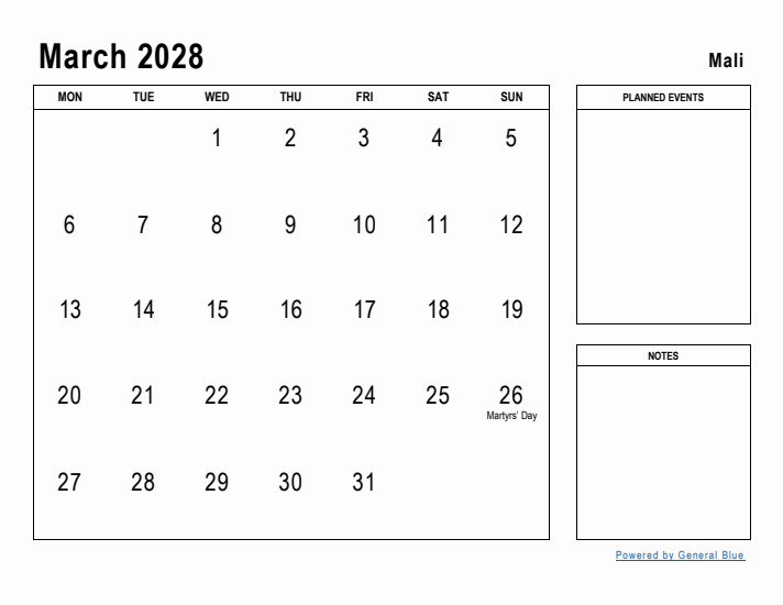March 2028 Printable Monthly Calendar with Mali Holidays