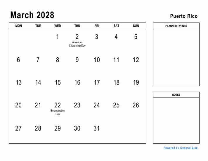 March 2028 Printable Monthly Calendar with Puerto Rico Holidays