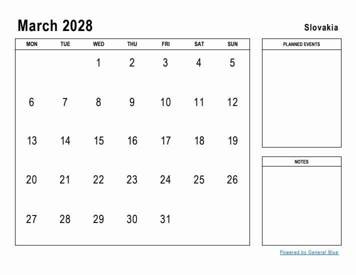 March 2028 Printable Monthly Calendar with Slovakia Holidays