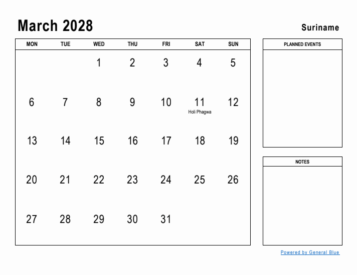 March 2028 Printable Monthly Calendar with Suriname Holidays