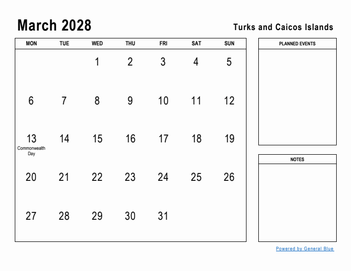 March 2028 Printable Monthly Calendar with Turks and Caicos Islands Holidays