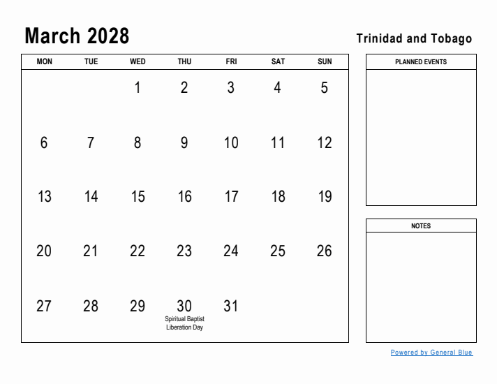 March 2028 Printable Monthly Calendar with Trinidad and Tobago Holidays