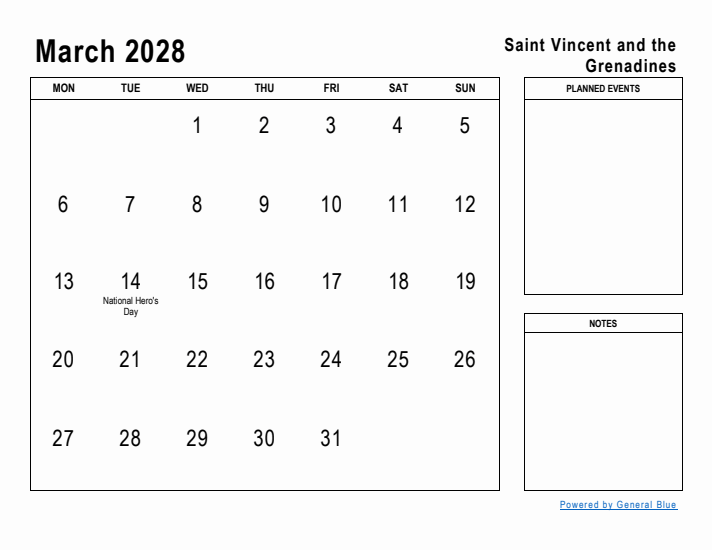 March 2028 Printable Monthly Calendar with Saint Vincent and the Grenadines Holidays