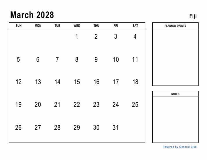 March 2028 Printable Monthly Calendar with Fiji Holidays