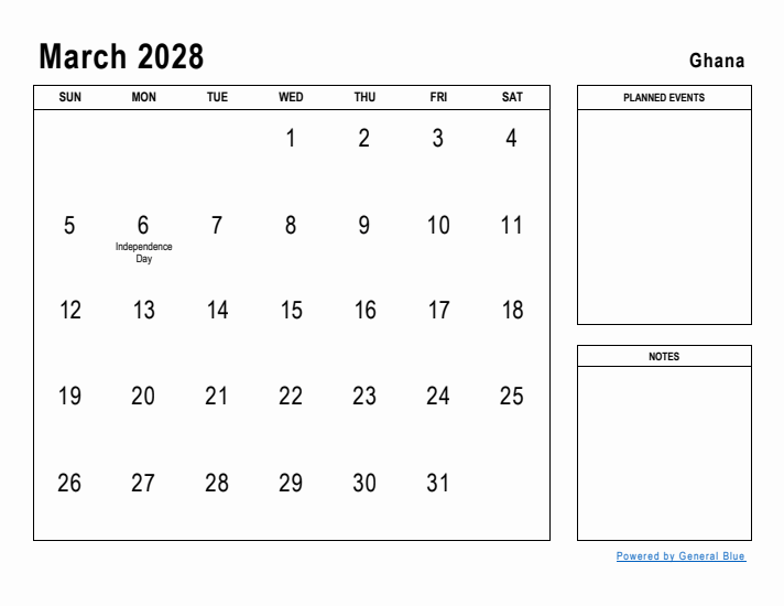March 2028 Printable Monthly Calendar with Ghana Holidays