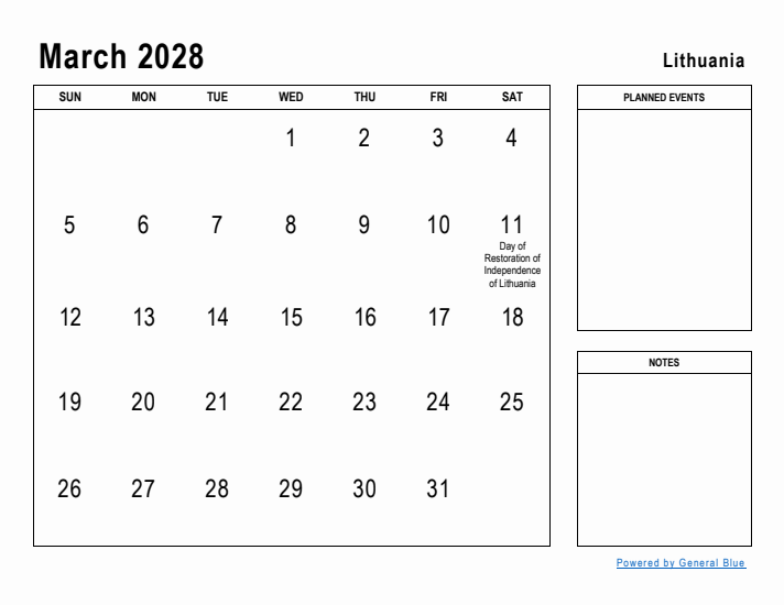 March 2028 Printable Monthly Calendar with Lithuania Holidays