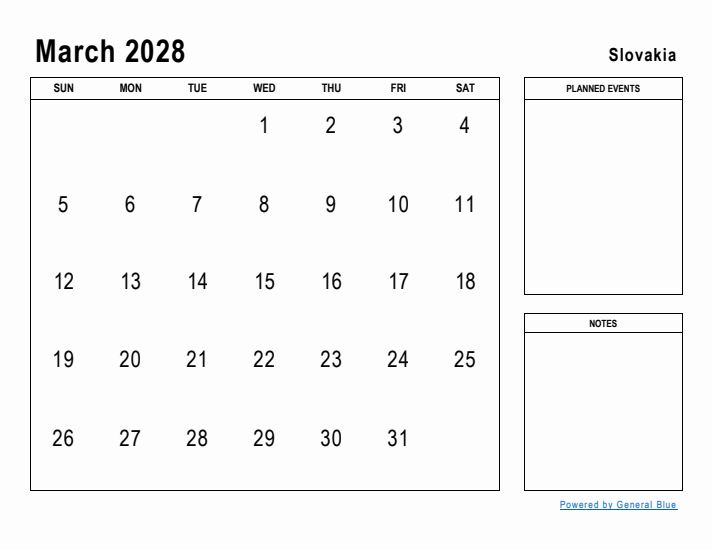 March 2028 Printable Monthly Calendar with Slovakia Holidays