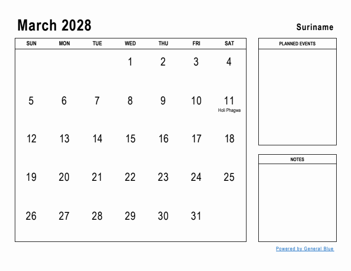 March 2028 Printable Monthly Calendar with Suriname Holidays