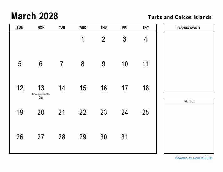 March 2028 Printable Monthly Calendar with Turks and Caicos Islands Holidays