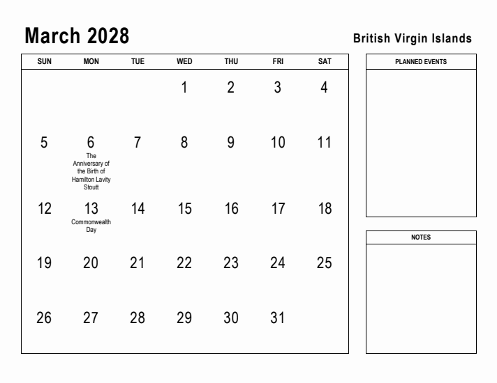 March 2028 Printable Monthly Calendar with British Virgin Islands Holidays