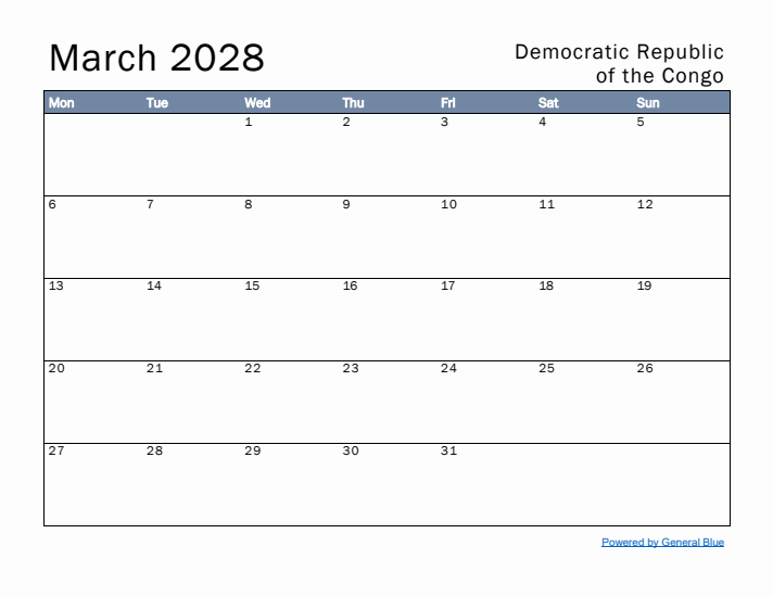 March 2028 Simple Monthly Calendar for Democratic Republic of the Congo