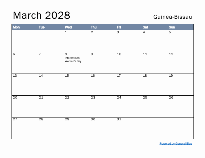 March 2028 Simple Monthly Calendar for Guinea-Bissau