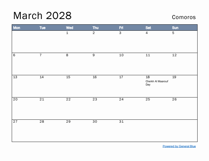 March 2028 Simple Monthly Calendar for Comoros