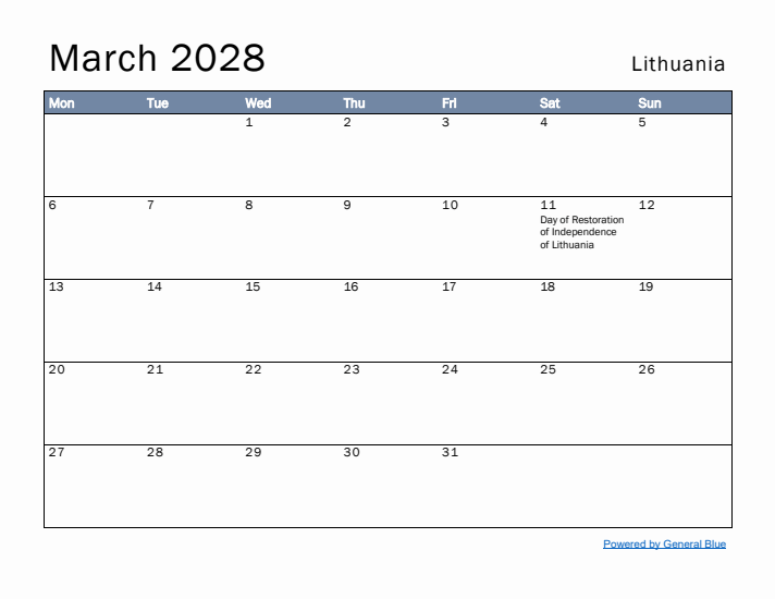 March 2028 Simple Monthly Calendar for Lithuania