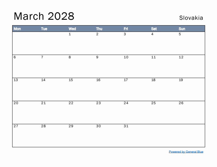 March 2028 Simple Monthly Calendar for Slovakia