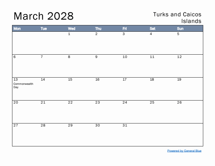 March 2028 Simple Monthly Calendar for Turks and Caicos Islands