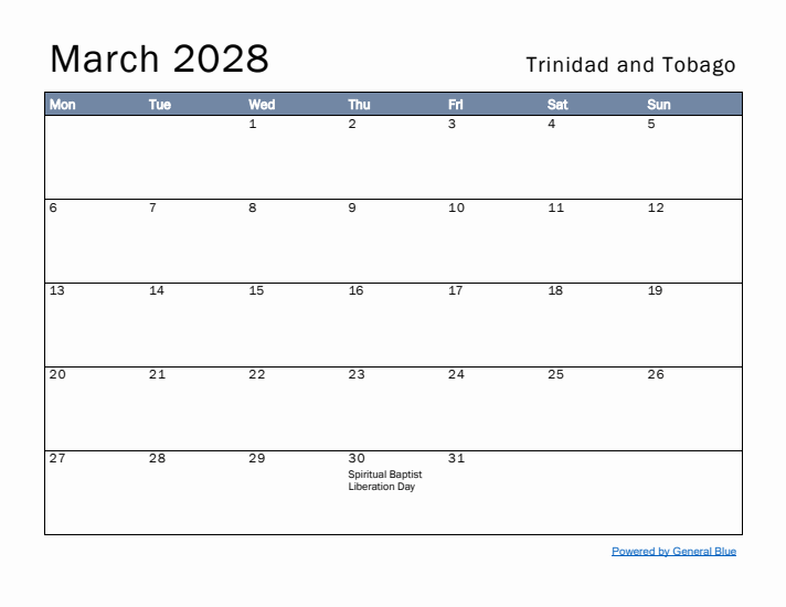 March 2028 Simple Monthly Calendar for Trinidad and Tobago