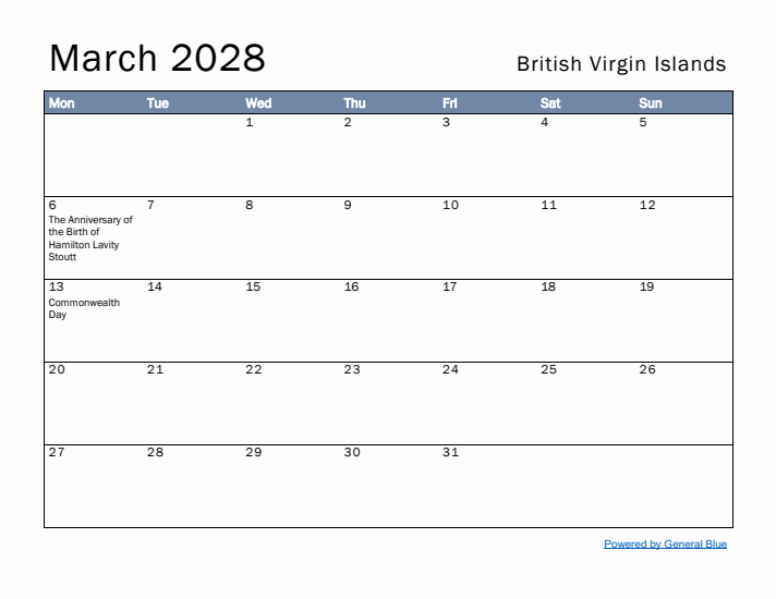 March 2028 Simple Monthly Calendar for British Virgin Islands