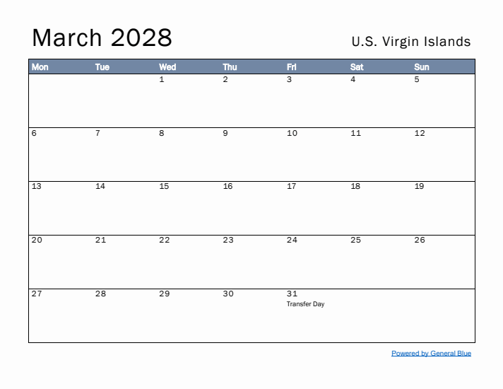 March 2028 Simple Monthly Calendar for U.S. Virgin Islands