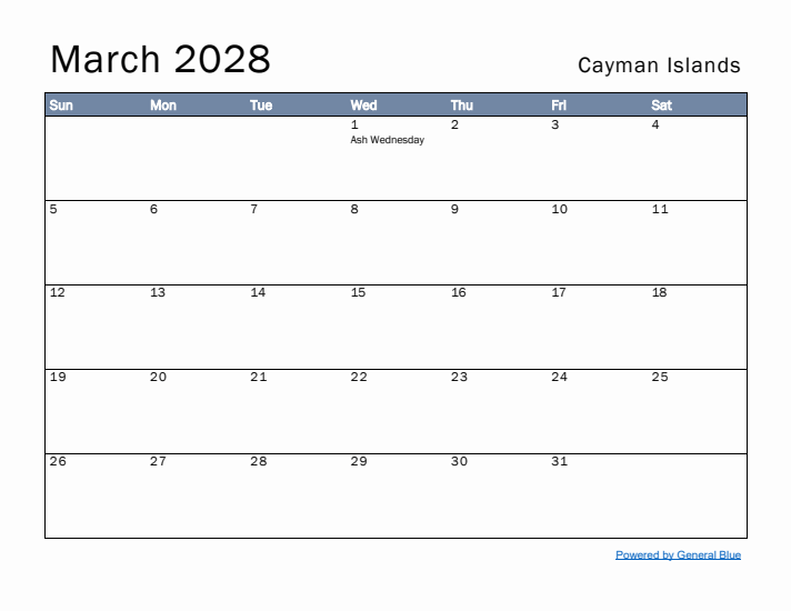 March 2028 Simple Monthly Calendar for Cayman Islands