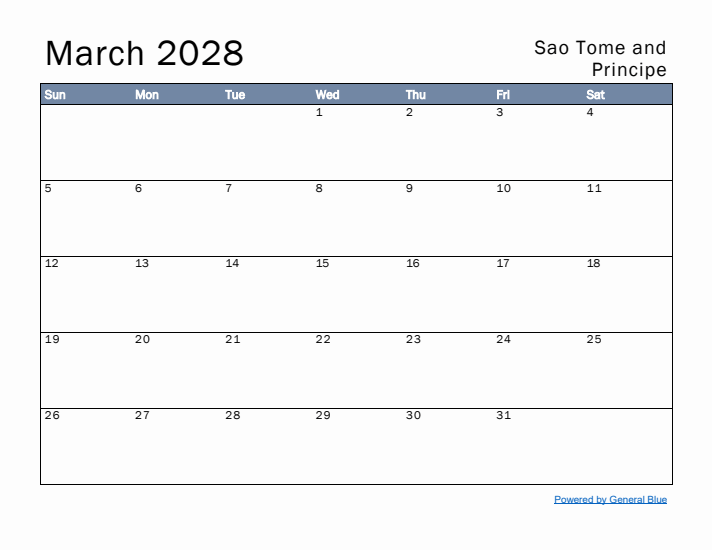March 2028 Simple Monthly Calendar for Sao Tome and Principe