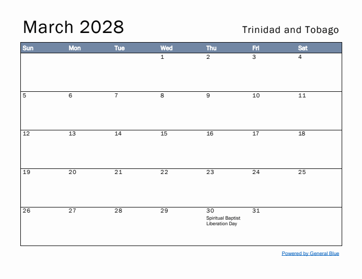 March 2028 Simple Monthly Calendar for Trinidad and Tobago