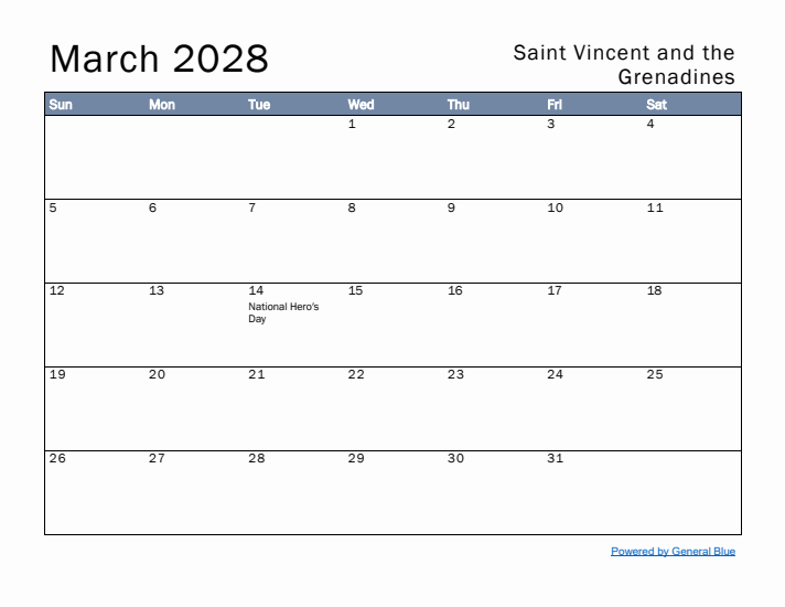 March 2028 Simple Monthly Calendar for Saint Vincent and the Grenadines