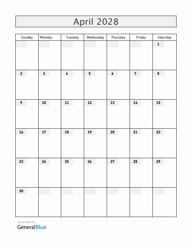 Blank April 2028 Calendar