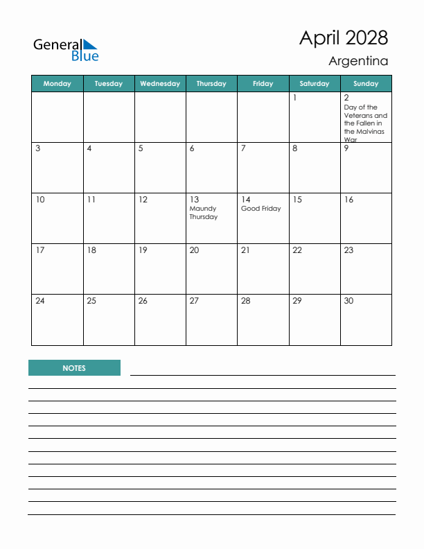Calendar with Notes Printable - Monday Start