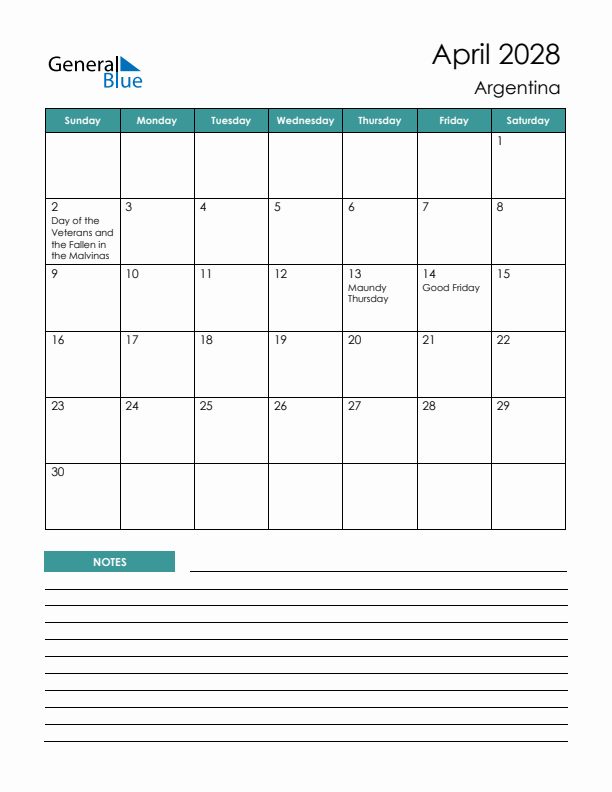Calendar with Notes Printable - Sunday Start